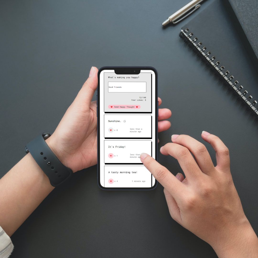 a smartphone showing a feed of thoughts